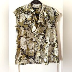 T Tahari Floral Ruffle Blouse - Olive and White Women’s Size Medium